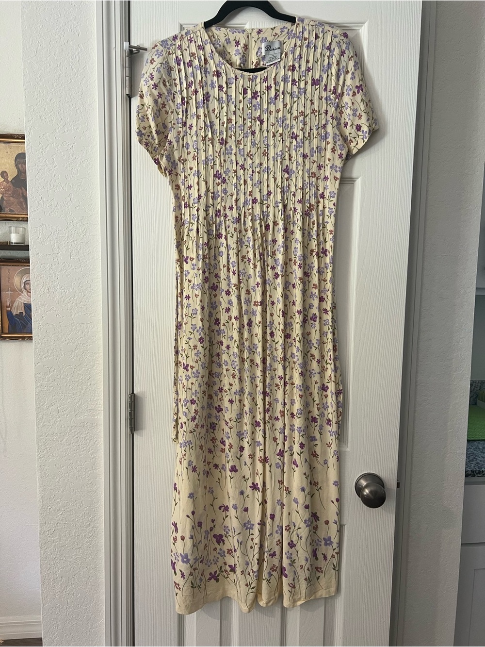 Vintage 90s Aria Cream Midi Dress with Purple Floral Print